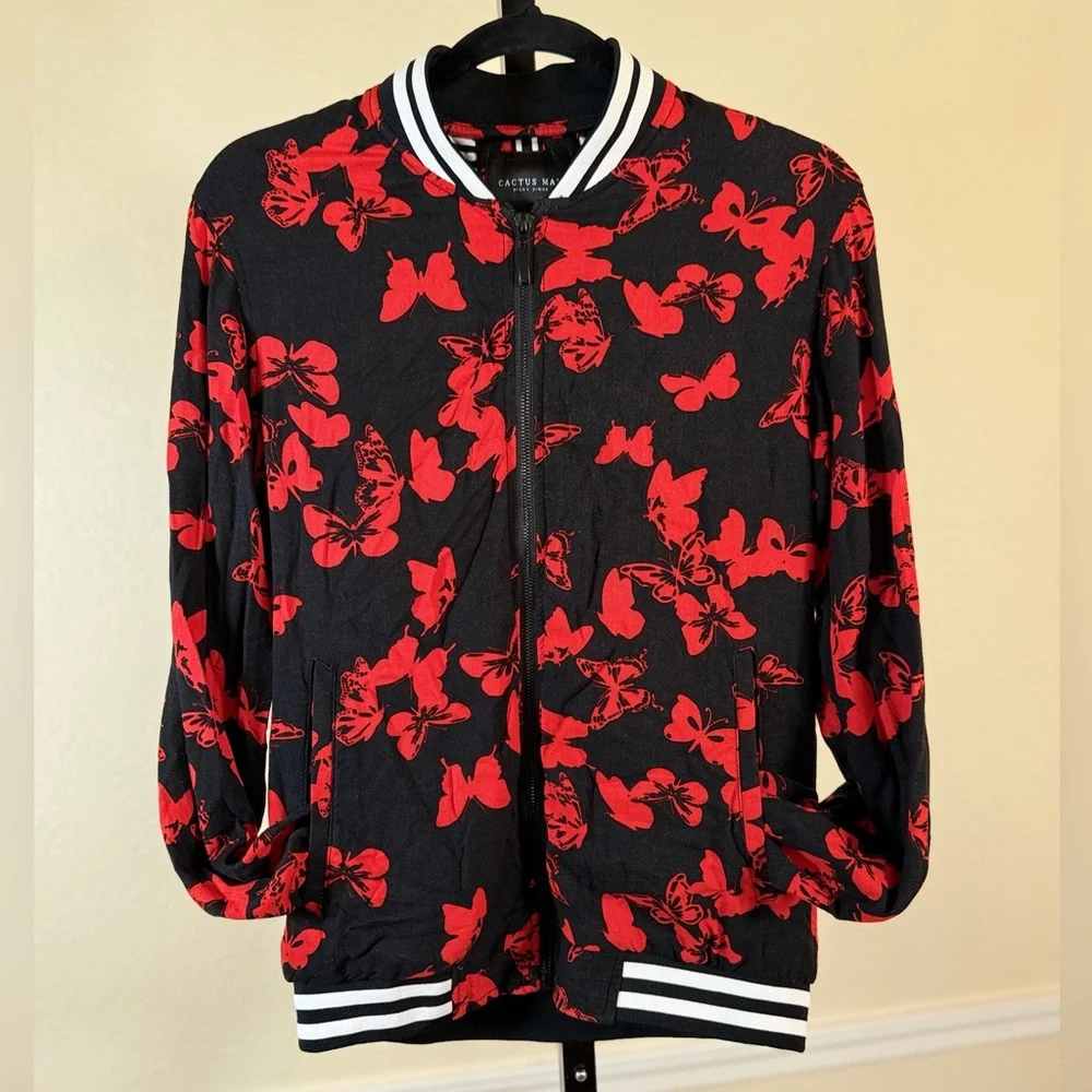Cactus Man Retro Unisex Butterfly Zip Bomber Jacket Red Black Streetwear Small - Picture 5 of 10